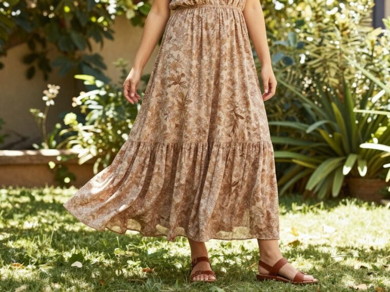 Bohemian mom wearing floral maxi dress with sandals