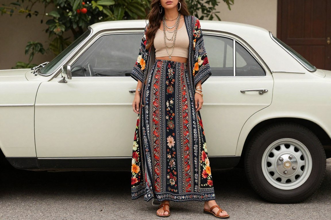 Boho mom in maxi skirt with crop top and kimono