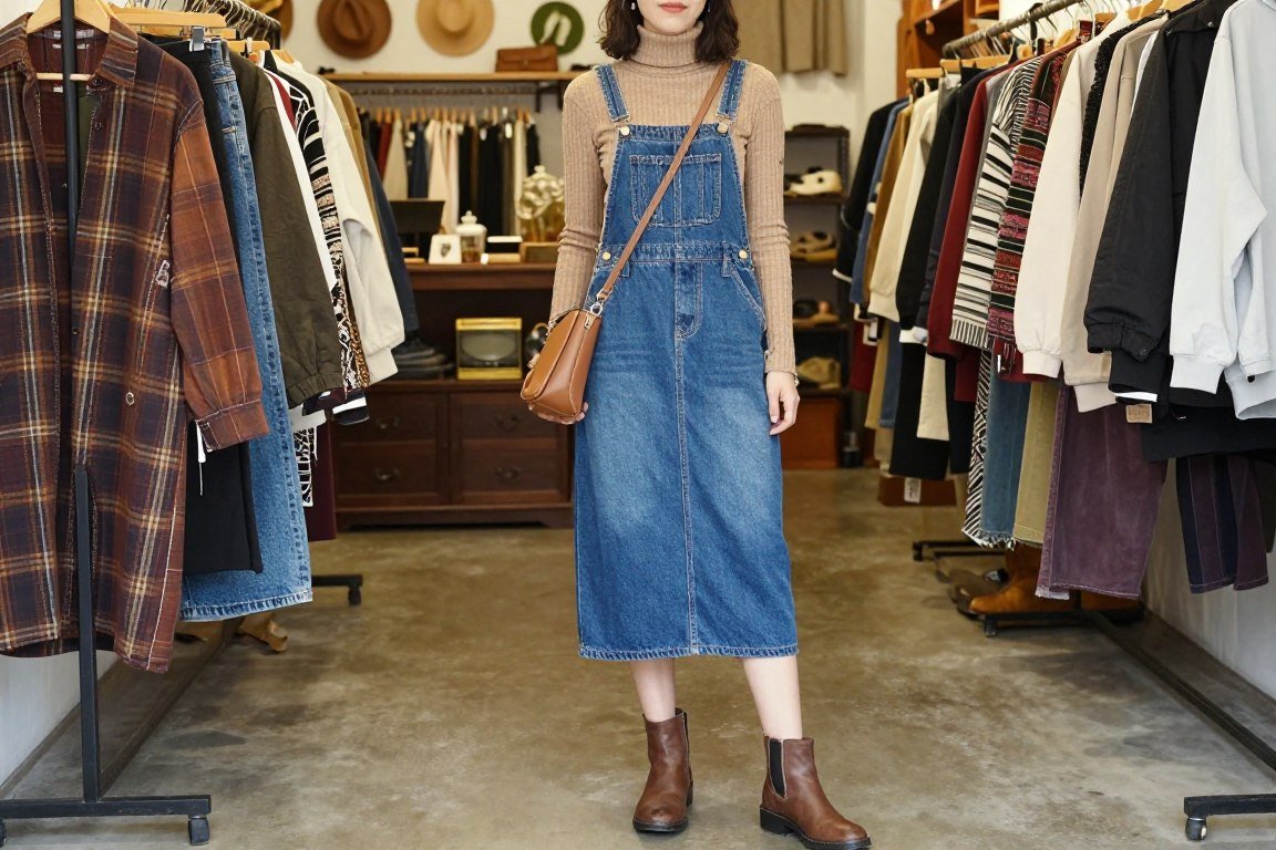 Boho mom in turtleneck under overall dress