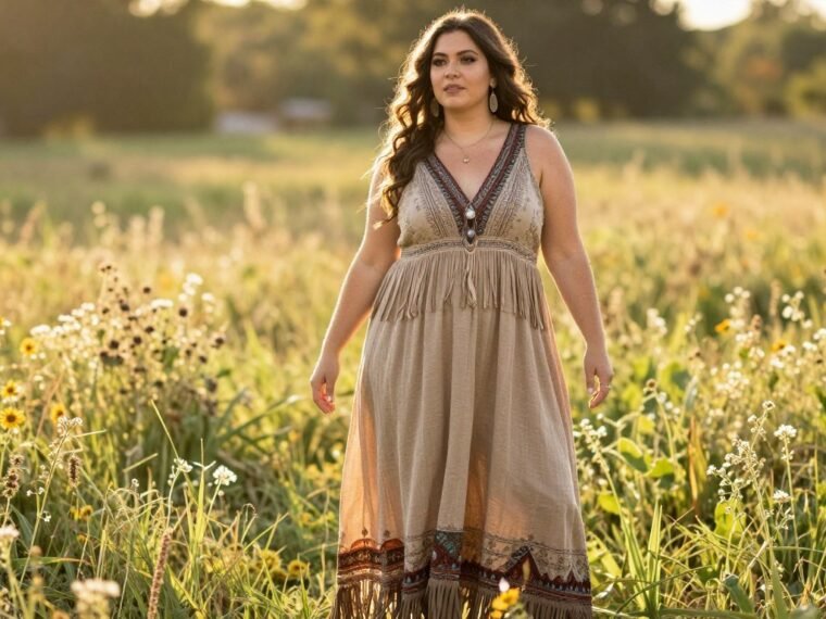 Boho plus size fashion styled woman in flowy maxi dress with layered accessories