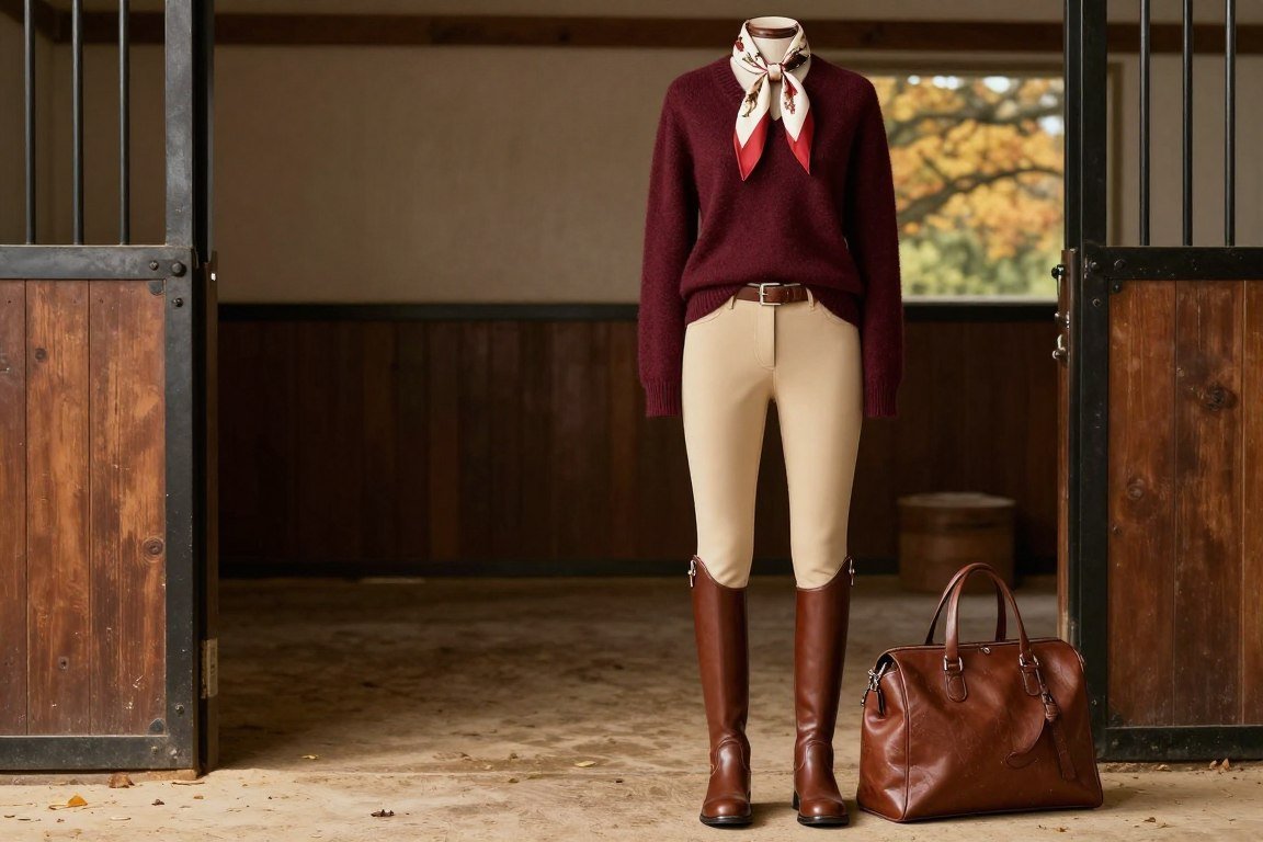 Burgundy sweater with beige riding pants and brown leather boots
