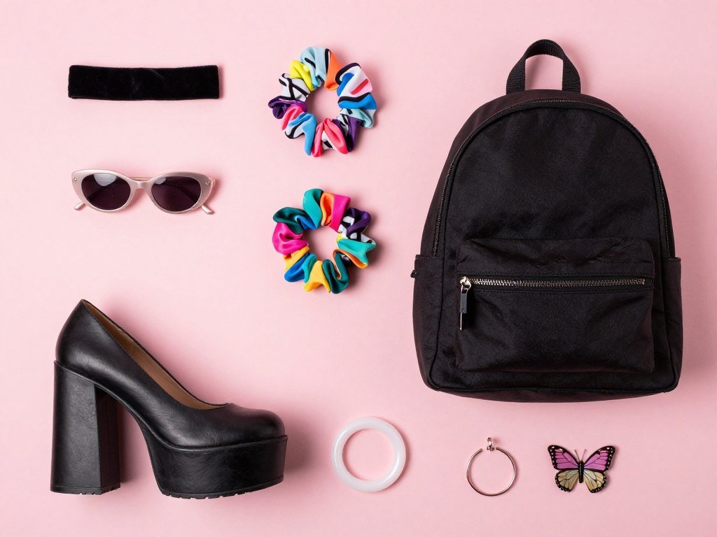 Collection of 90s accessories including chokers sunglasses and scrunchies