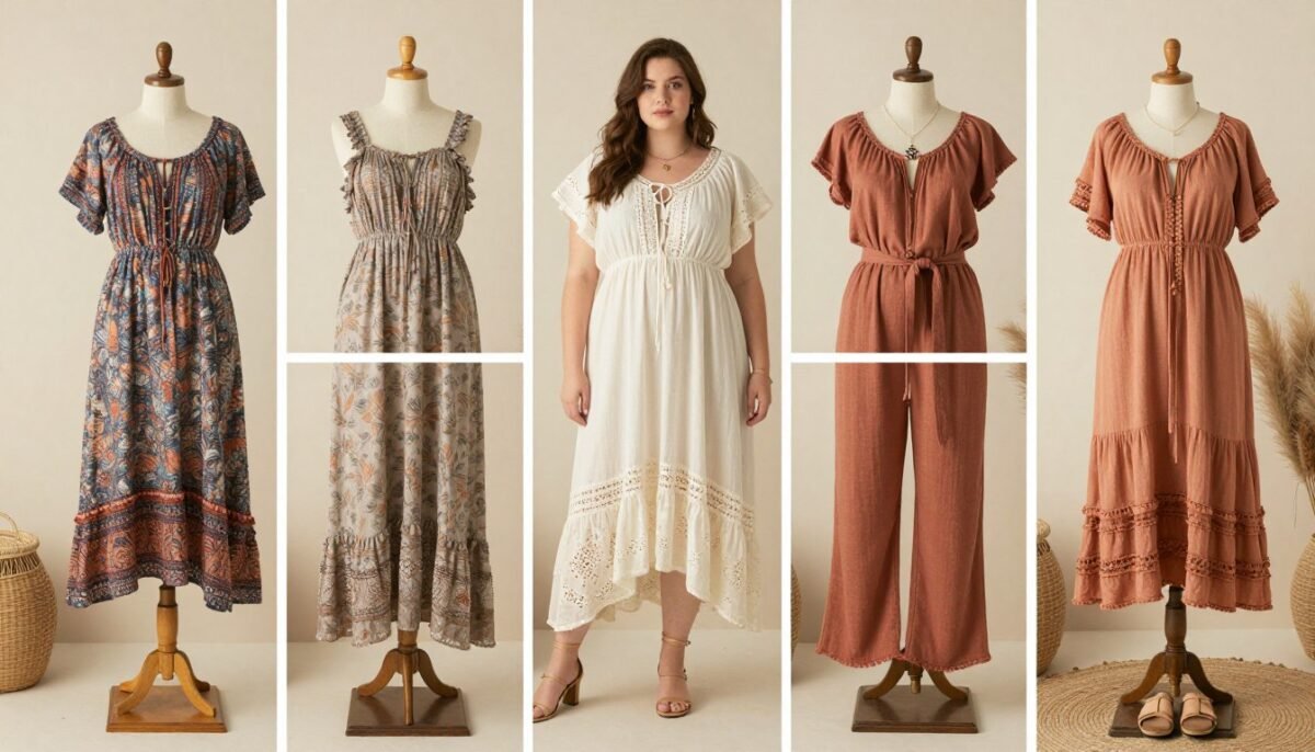 Collection of dressed-up boho plus size outfits