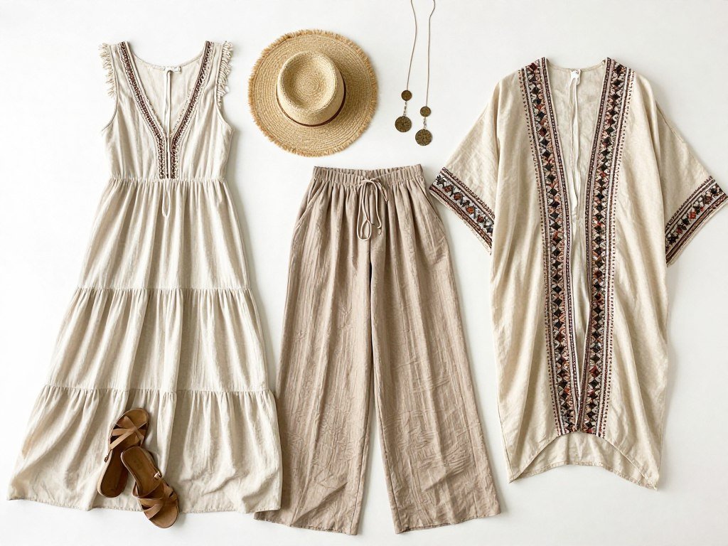 Collection of essential plus size boho clothing items laid flat