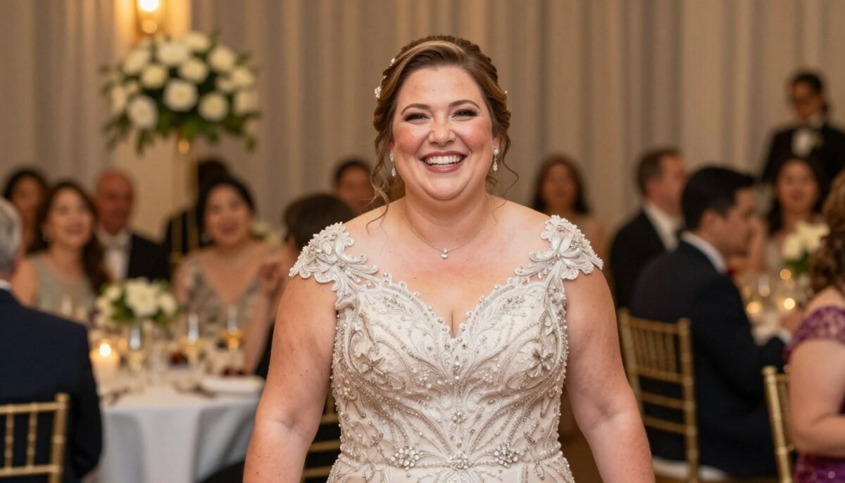 Confident plus size mother of bride smiling at wedding celebration Confident plus size mother of bride smiling at wedding celebration
