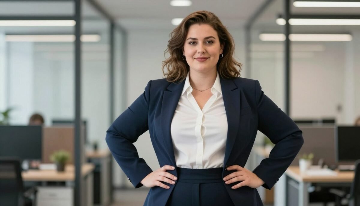 Confident plus size professional woman in complete corporate outfit