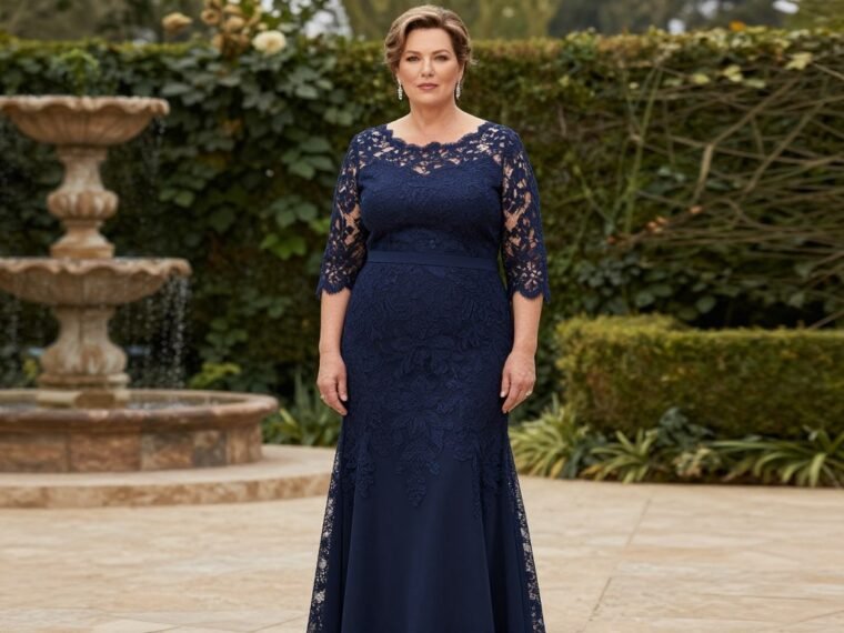 Elegant plus size mother of the bride in navy lace gown at garden wedding