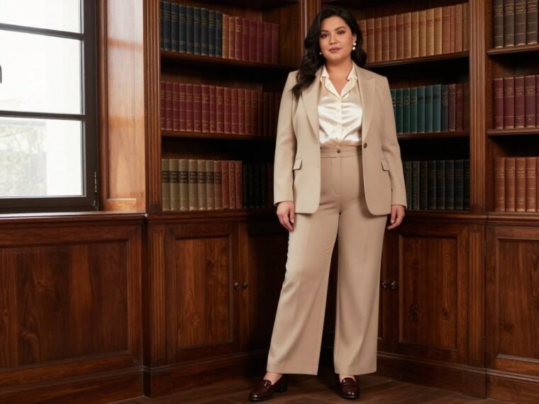 Elegant plus size woman wearing classic old money aesthetic outfit with neutral blazer and pearl accessories