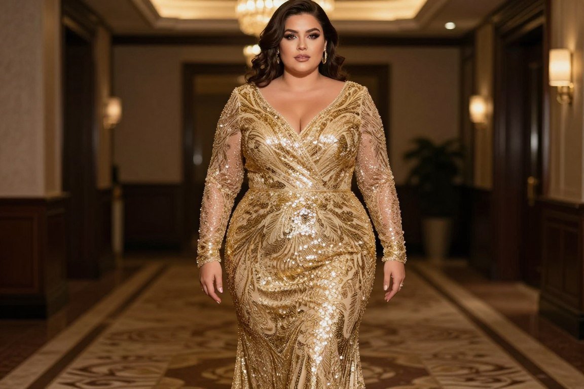 Gold sequin lace plus size mother bride gown with long sleeves