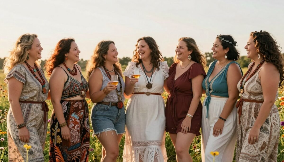 Group of diverse plus size women in boho fashion celebrating