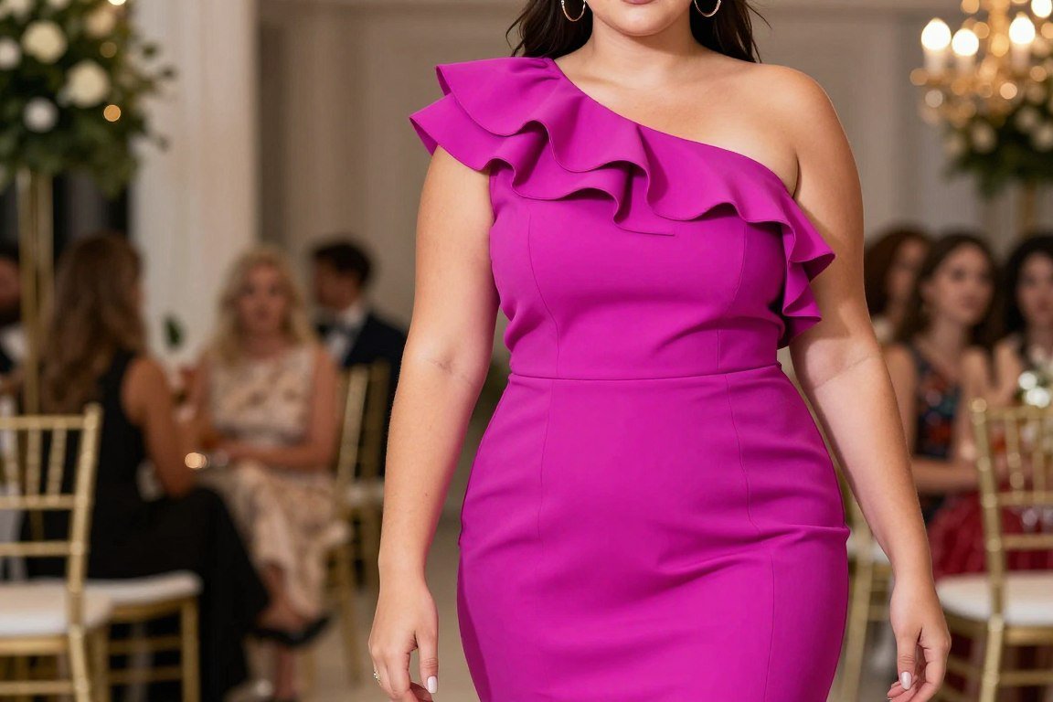 Magenta one shoulder cocktail dress with cascade ruffle detail