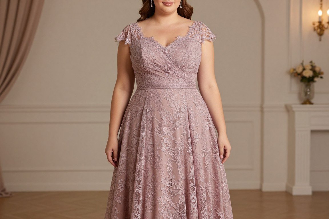 Mauve lace overlay gown with cap sleeves for plus size mother