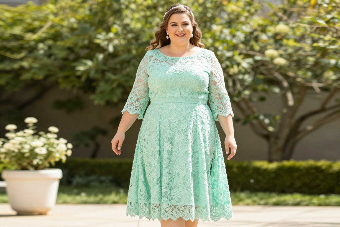 Mint lace cocktail dress with three-quarter sleeves for mother bride