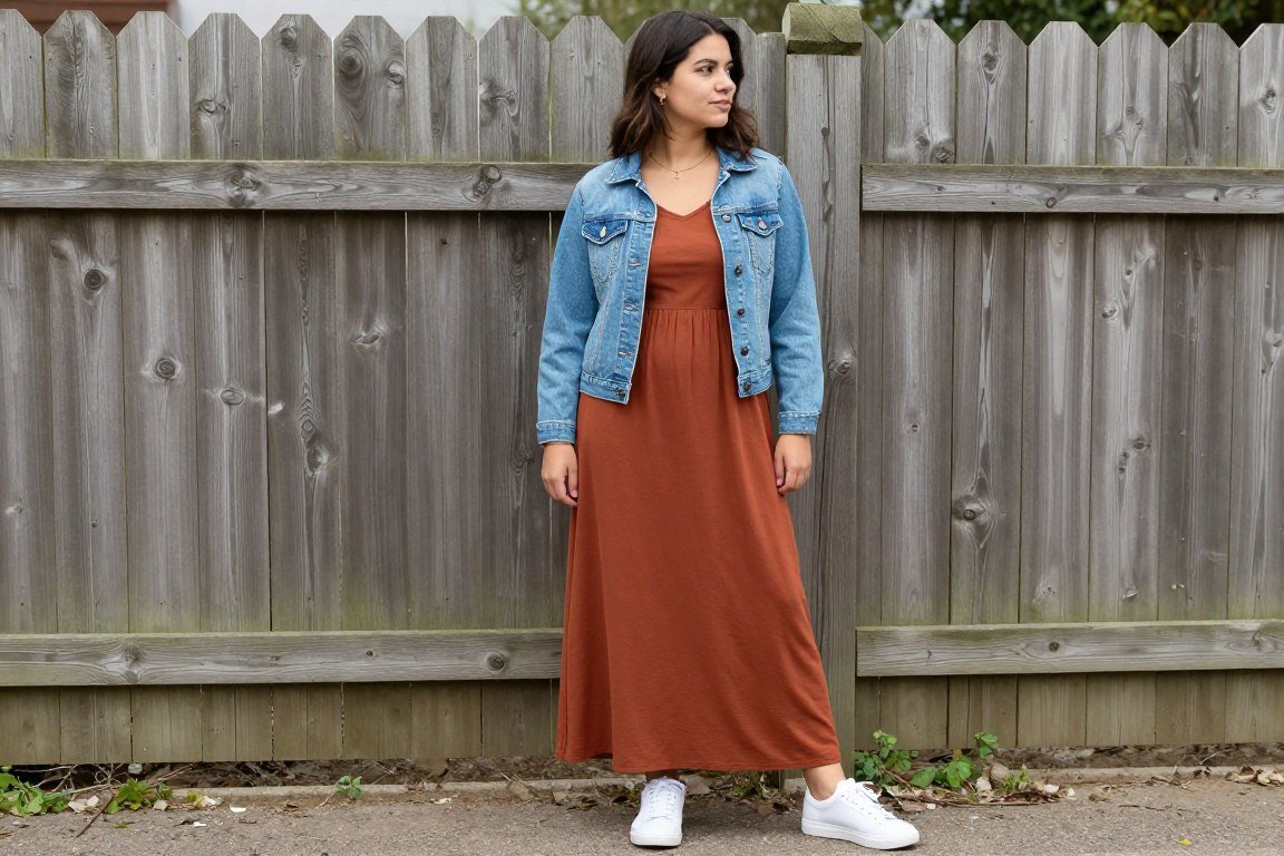 Mom in solid color maxi dress with denim jacket layered on top