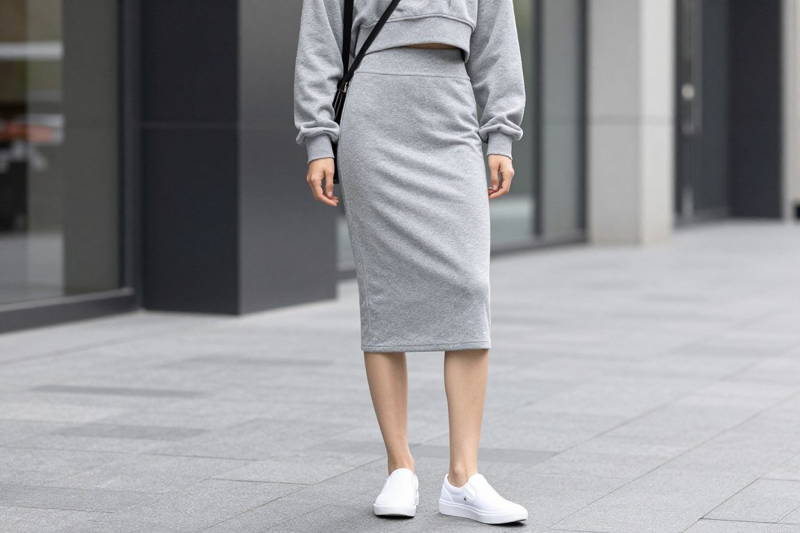 Mom outfit with sporty midi skirt and cropped hoodie