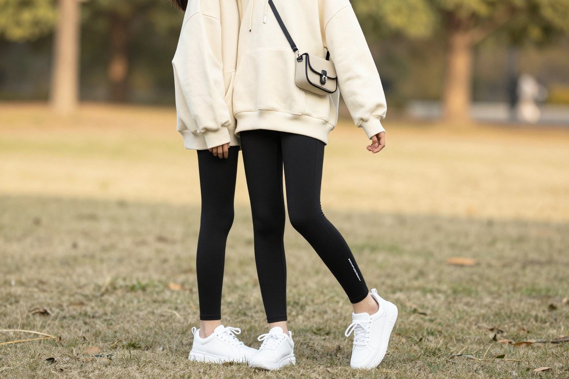 Mom wearing black leggings and oversized hoodie with sneakers