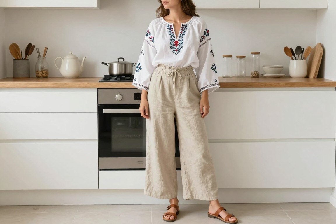 Mom wearing oversized peasant top with wide-leg pants