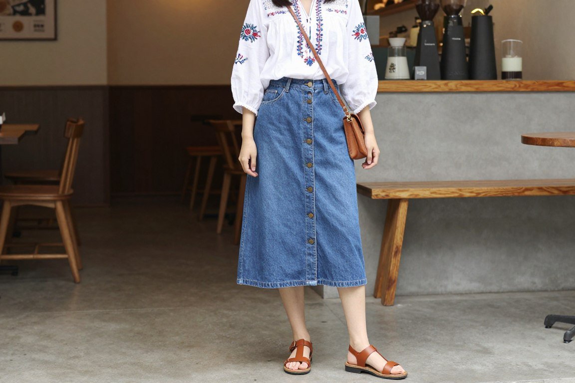Mother in denim skirt with embroidered top