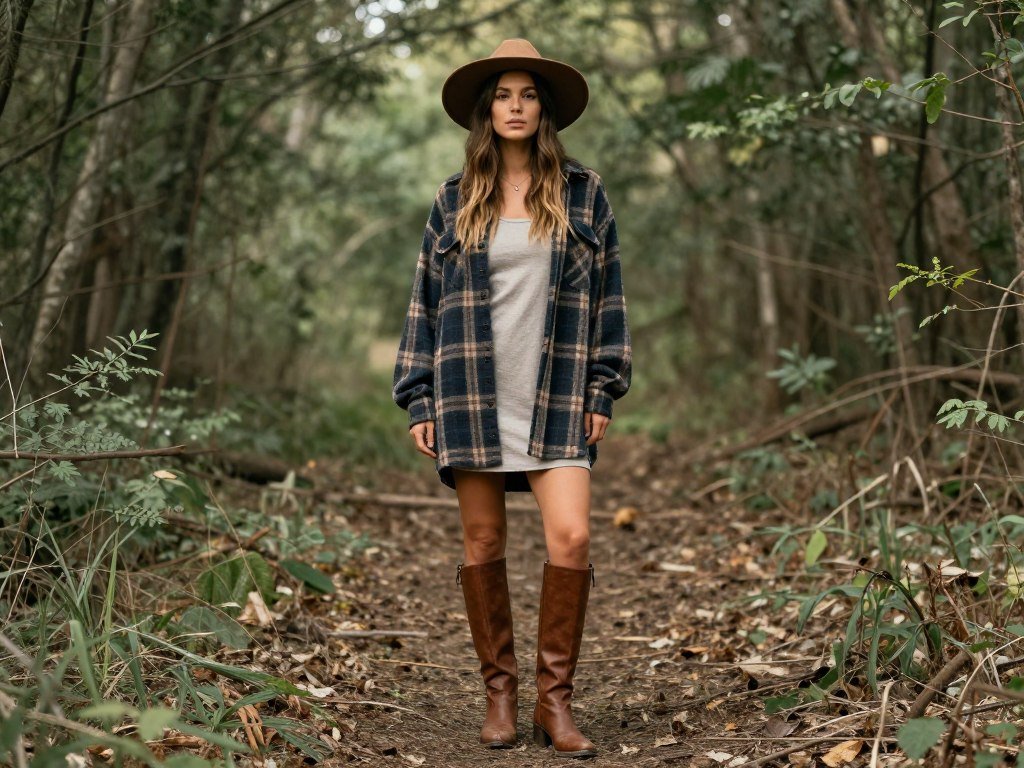 Mother in flannel shirt with tank dress and boots