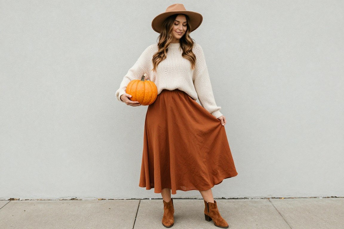 Mother in flowy midi skirt with sweater and booties