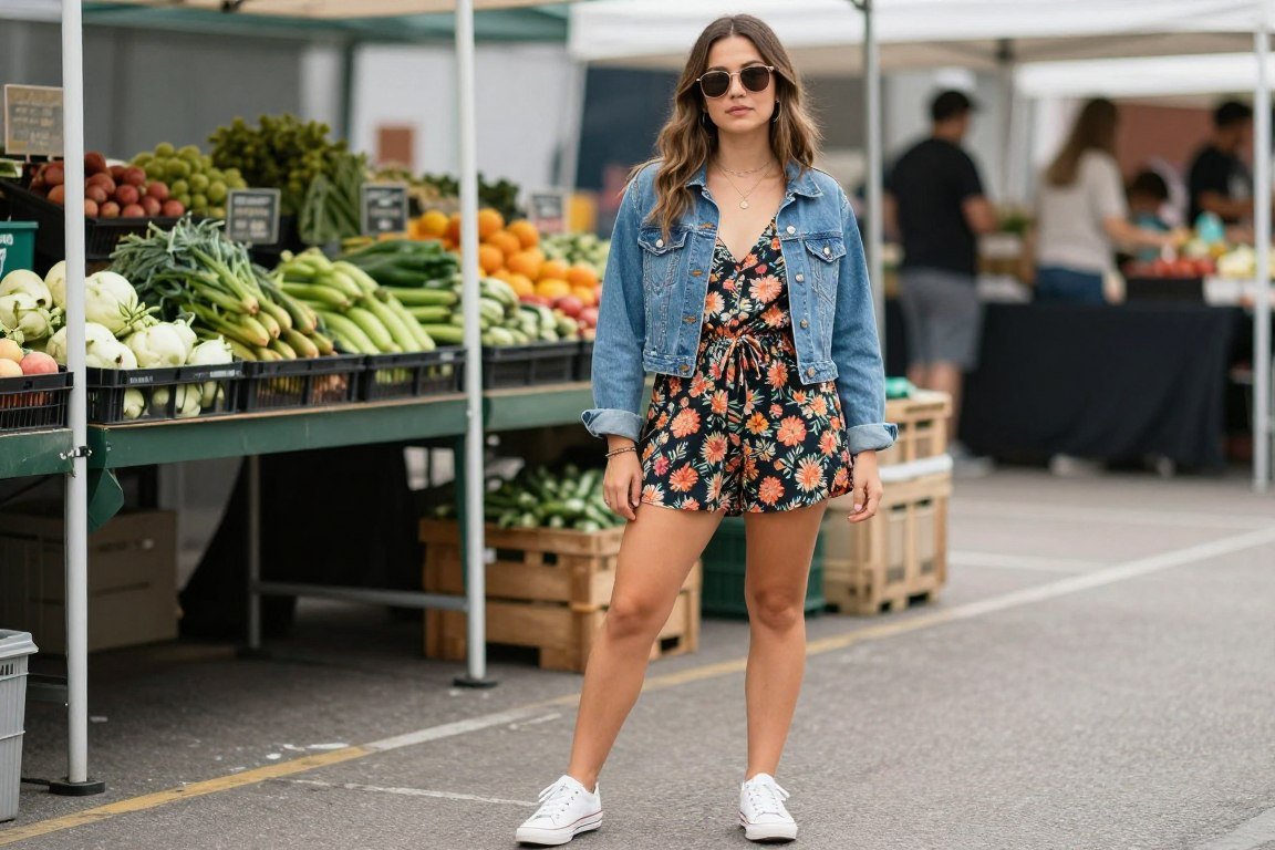 Mother wearing printed romper with denim jacket