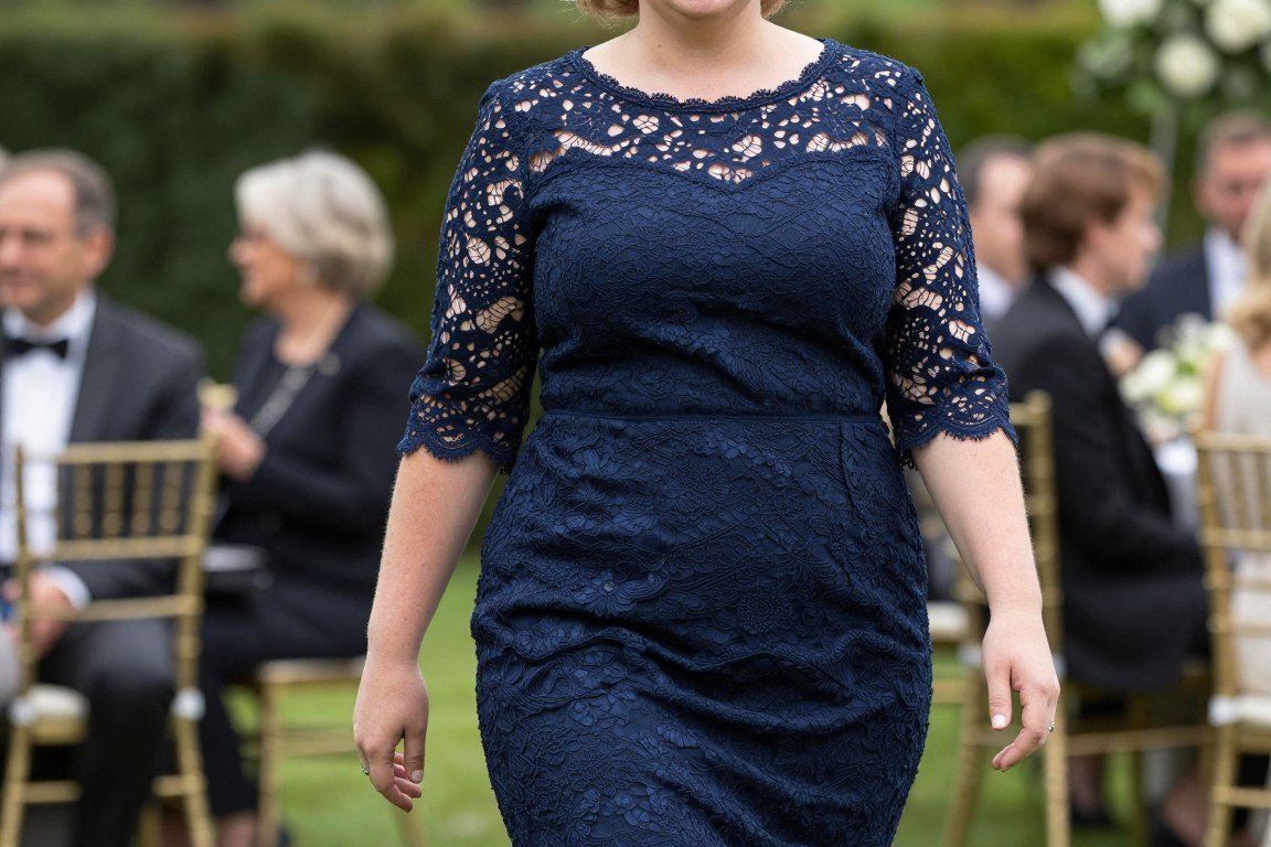 Navy lace tea-length dress with scalloped hem for mother bride