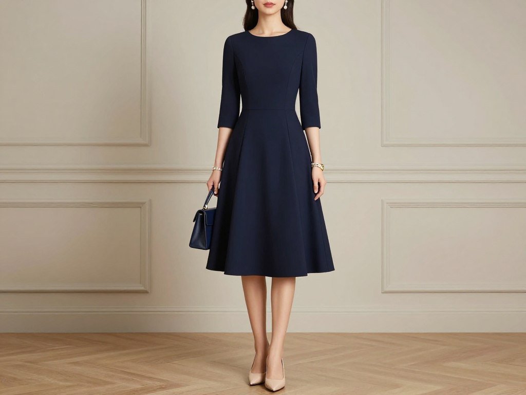Navy midi dress with structured silhouette and pearl accessories