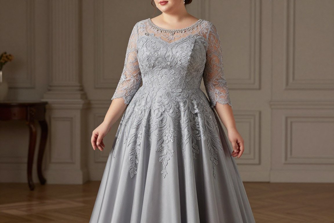 Pewter empire waist gown with lace sleeves for elegant mother bride