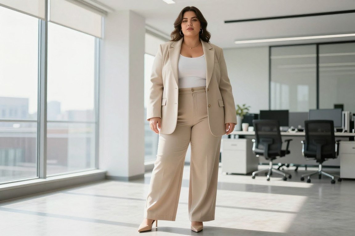 Plus size blazer and trousers minimalist 90s look