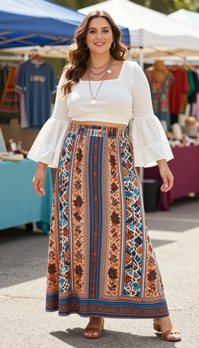 Plus size boho crop top and maxi skirt combination
