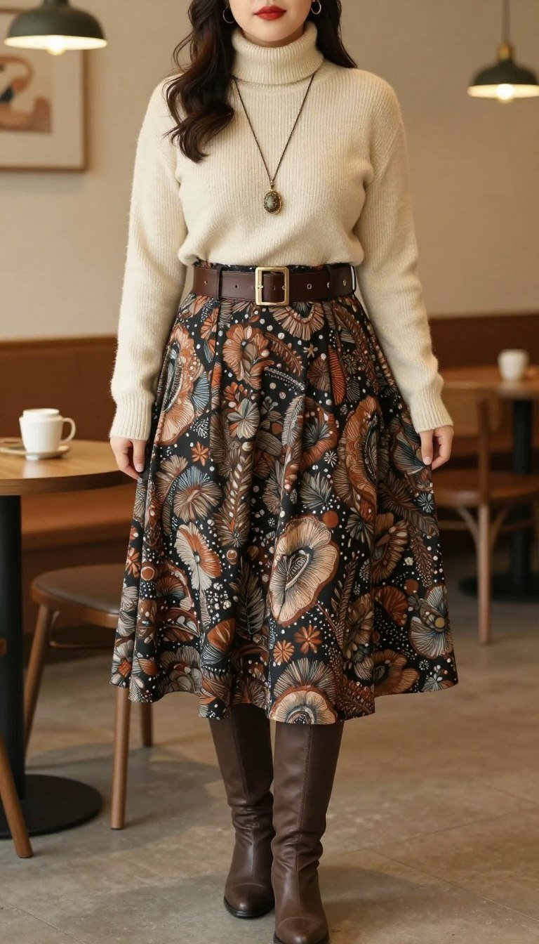 Plus size boho midi skirt with turtleneck outfit