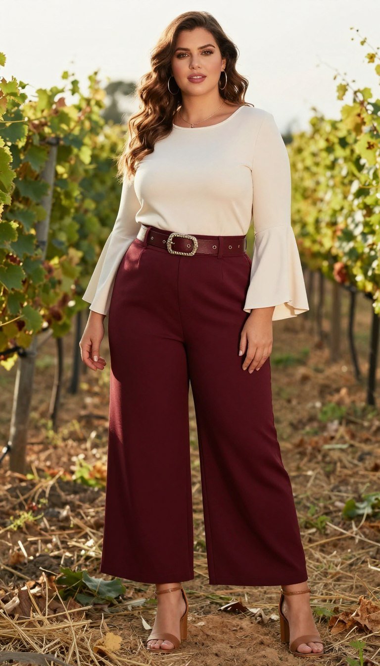 Plus size boho outfit with palazzo pants and bell sleeves