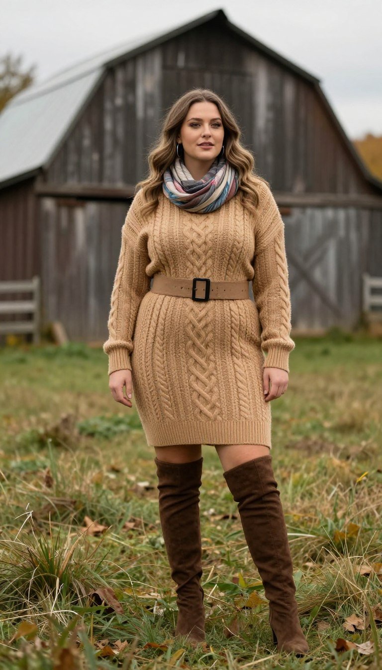 Plus size boho sweater dress with tall boots