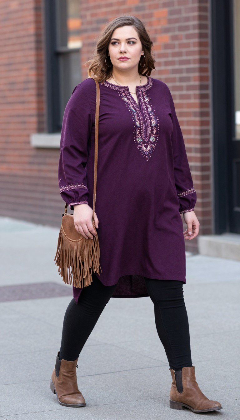 Plus size boho tunic styled with leggings ensemble