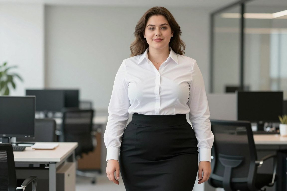 Plus size button-down blouse with pencil skirt professional outfit
