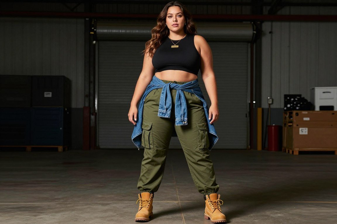 Plus size cargo pants outfit with crop top 90s style