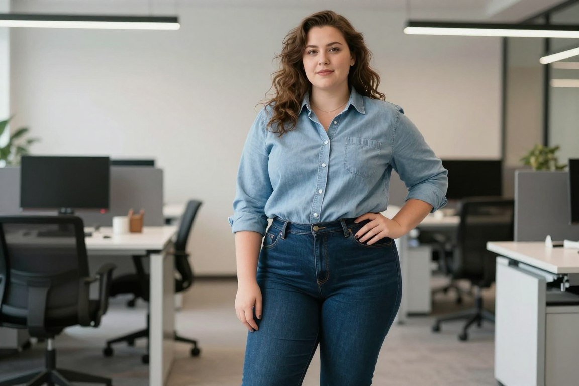 Plus size chambray shirt with dark jeans for casual Friday office wear
