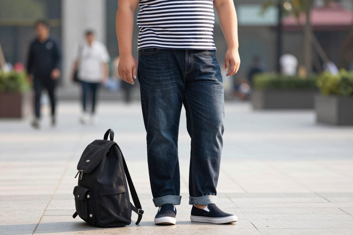 Plus size denim jeans with comfortable tee shirt for city travel