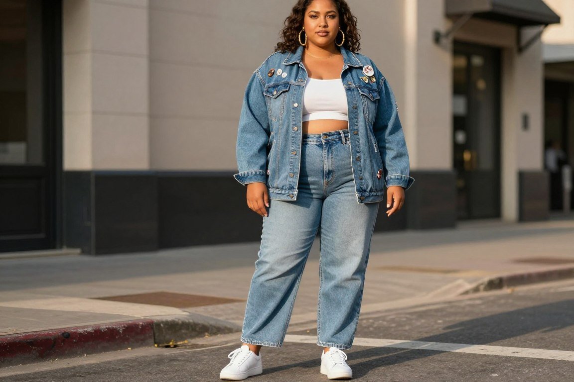Plus size denim on denim 90s hip hop outfit