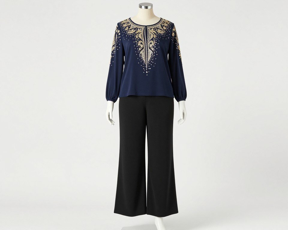 Plus size embellished party top with wide-leg trousers