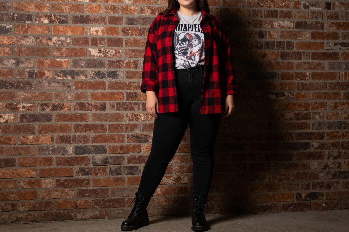 Plus size flannel shirt outfit with band tee and black jeans