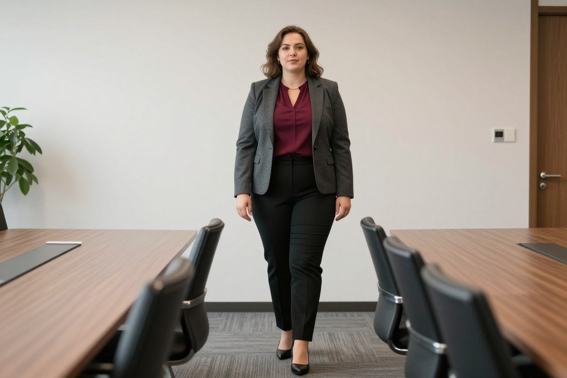Plus size gray blazer with black dress pants corporate outfit