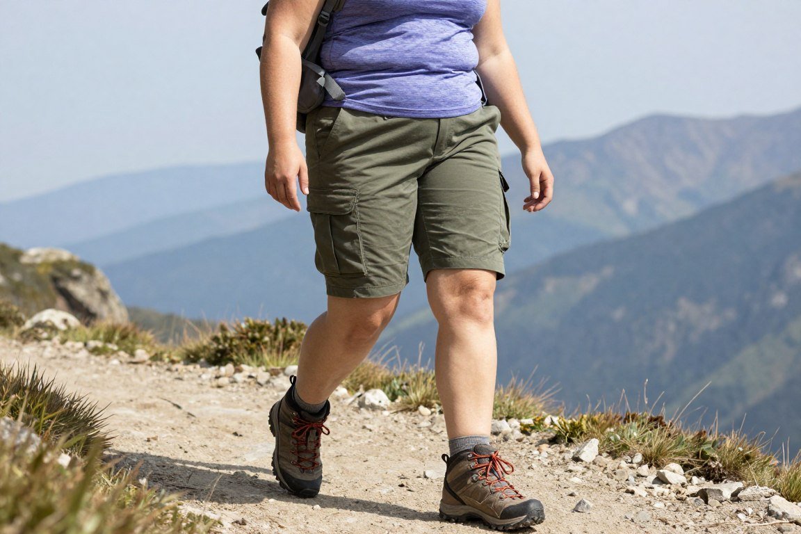 Plus size hiking outfit with cargo shorts and moisture-wicking top