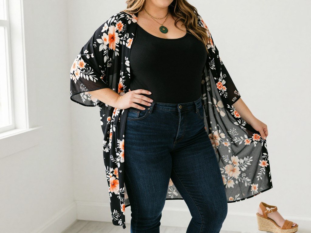 Plus size kimono outfit with jeans