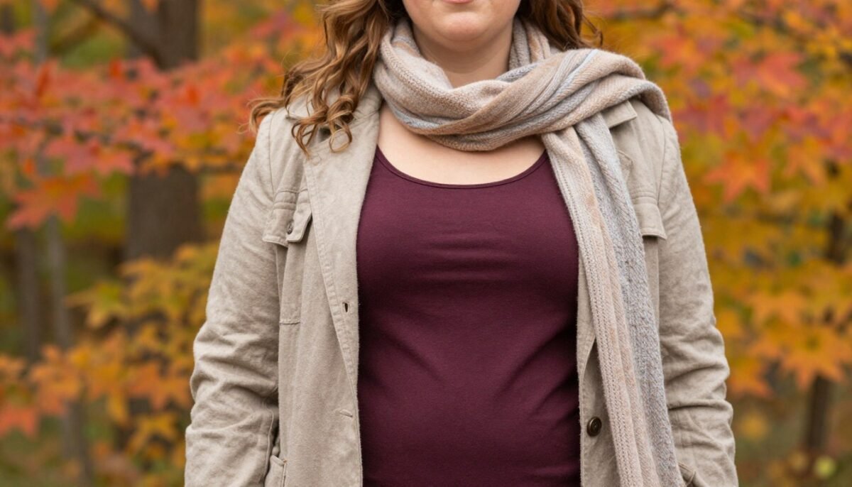 Plus size layered travel outfit for cool weather