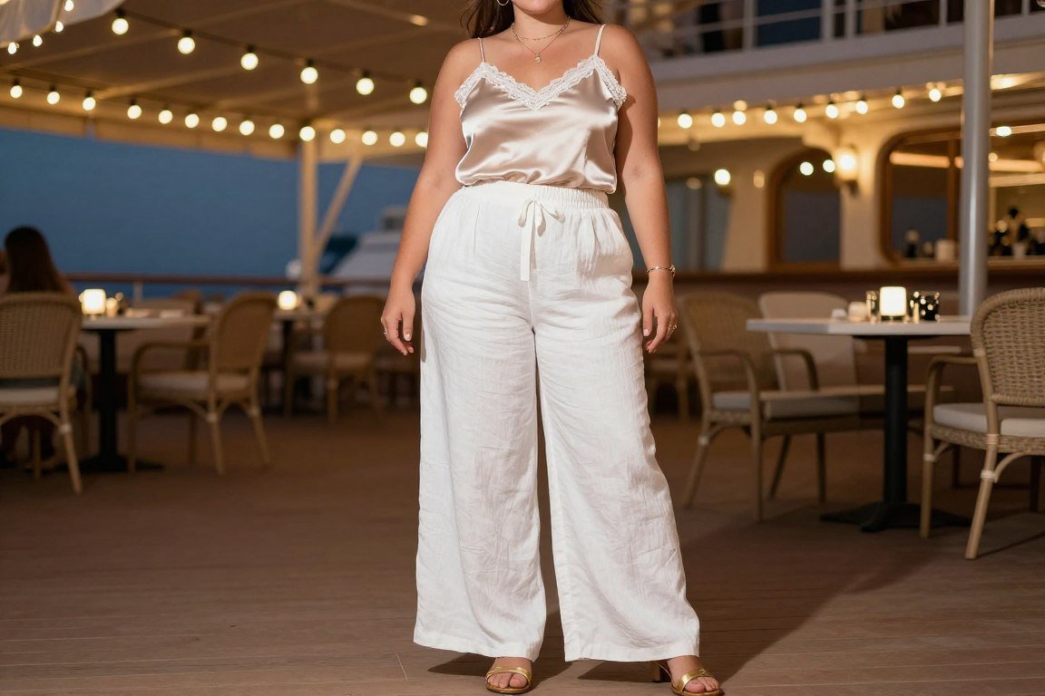 Plus size linen pants and silk camisole for cruise resort evening