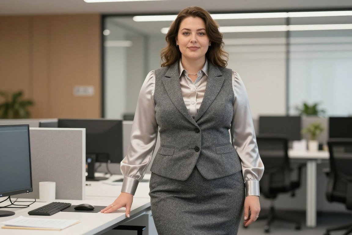 Plus size long sleeve blouse with wool trousers for winter corporate style