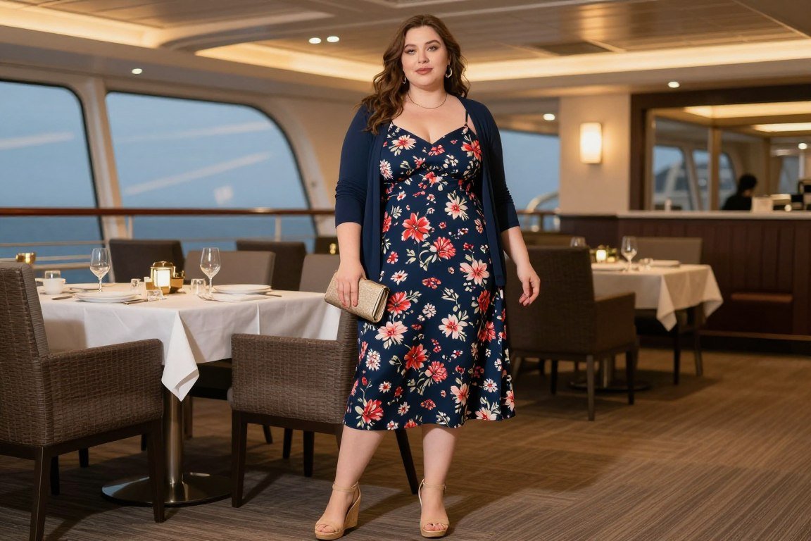 Plus size midi dress with cardigan for cruise dining