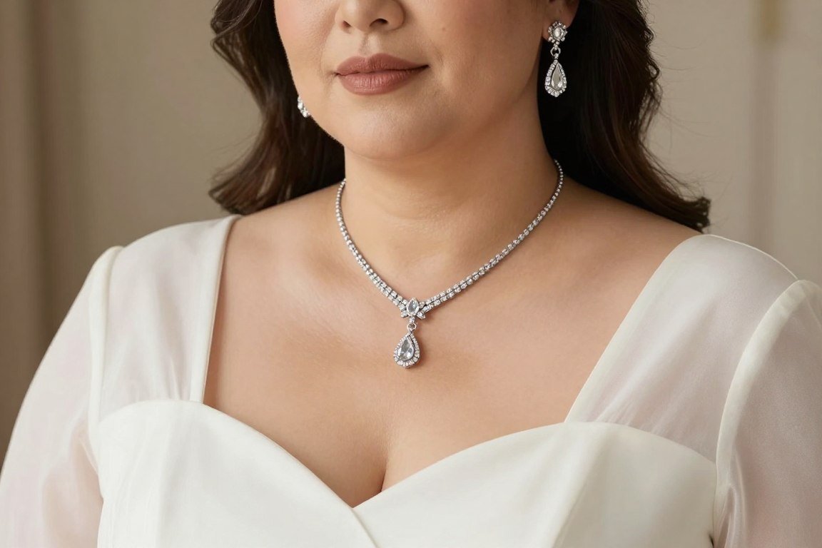 Plus size mother bride wearing elegant jewelry with formal gown