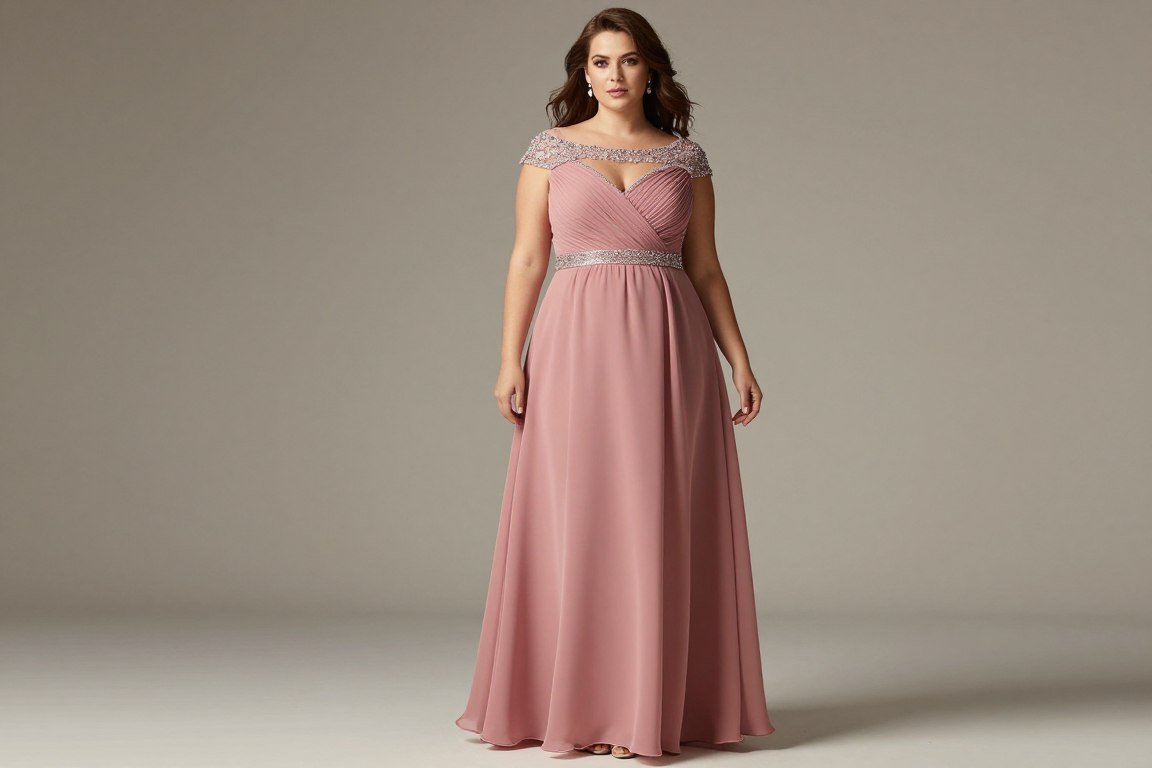 Plus size mother in dusty rose A-line chiffon gown with beaded bodice